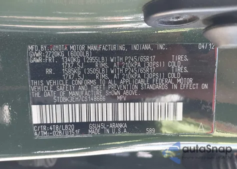 2012 Toyota Highlander Se V6 z USA, uszkodzony, nr VIN 5TDBK3EH7CS148666